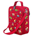 Harlequin Large Lunch bag in Red with Jumbo Trucks design from the Harlequin Creatix Signature Series. Front angle view displaying top handle, quality zippers and D-Rings with additional shoulder strap.