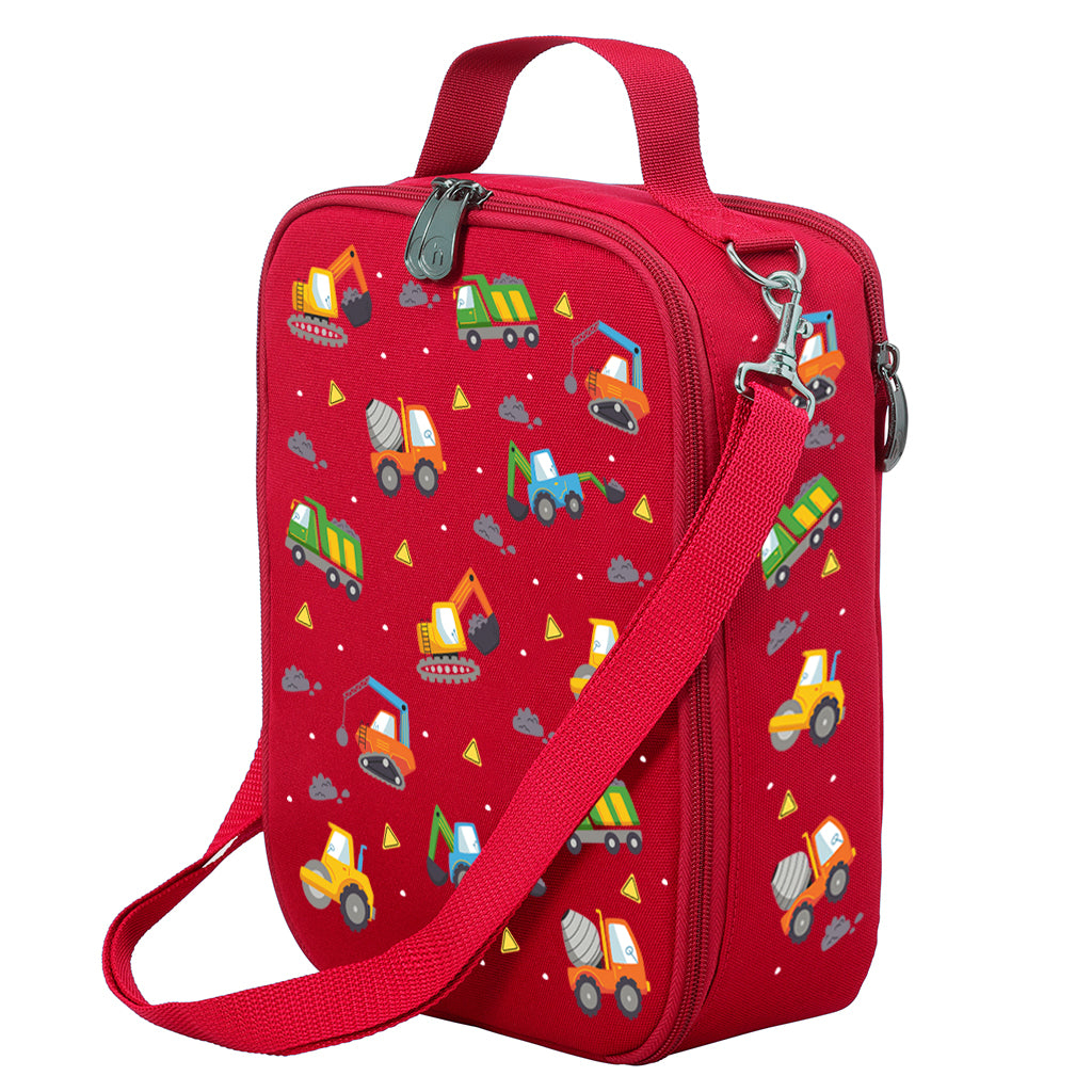 Harlequin Large Lunch bag in Red with Jumbo Trucks design from the Harlequin Creatix Signature Series. Front angle view displaying top handle, quality zippers and D-Rings with additional shoulder strap.