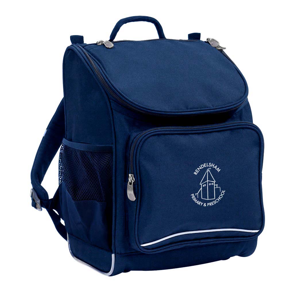 Mighty backpack in colour Navy, front side angle displaying carry handle, padded shoulder straps, top zipper compartment, front zipper pocket and mesh water bottle holder with Rendelsham Primary School logo