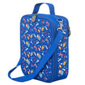 Harlequin Large Lunch bag in Royal Blue with Pixel Chick design from the Harlequin Creatix Signature Series. Front angle view displaying top handle, quality zippers and D-Rings with additional shoulder strap.