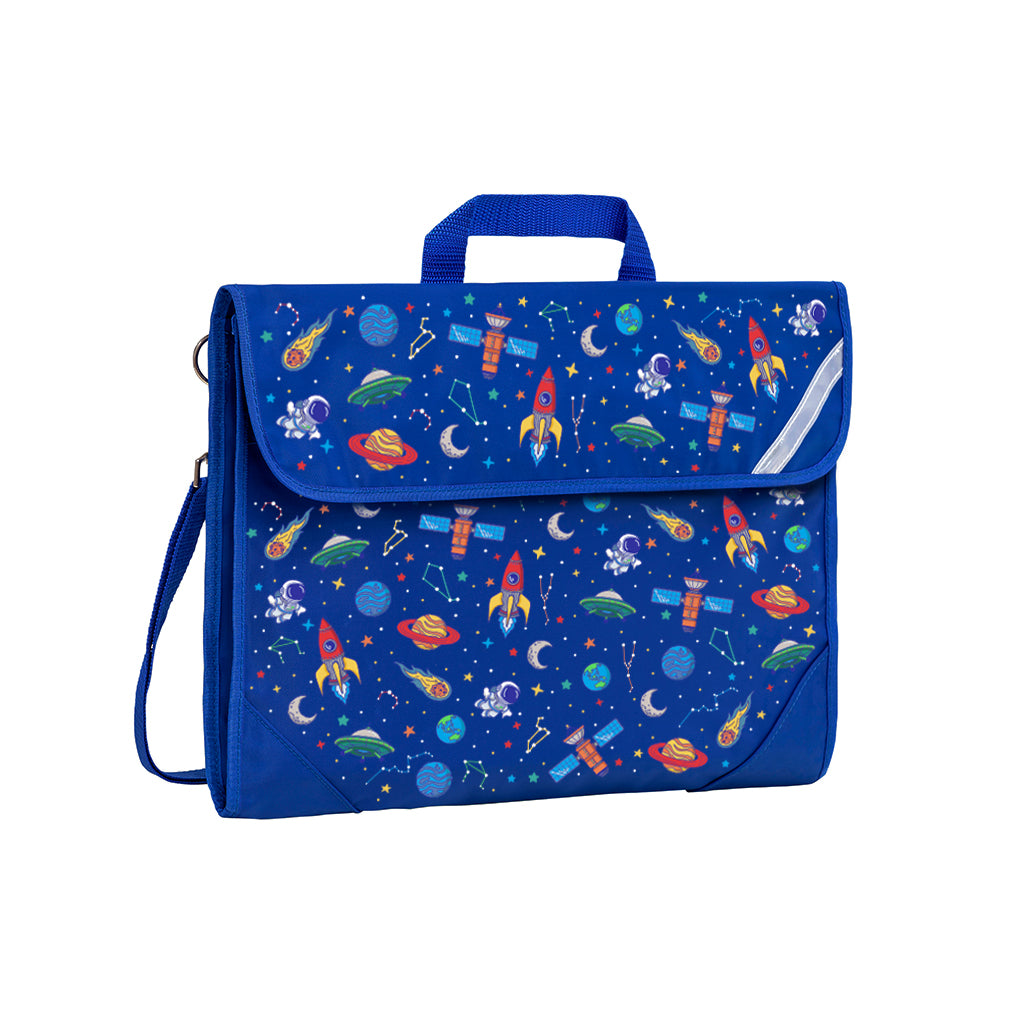 Harlequin Safety Library bag in Royal Blue with Galaxy Boy design from the Harlequin Creatix Signature Series. Front angle view displaying carry handle, easy open velcro strap, reflector safety strip, reinforced corners and shoulder strap.
