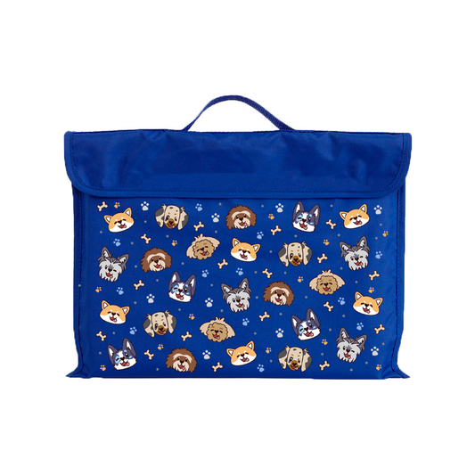 Harlequin Eco Library bag in Royal Blue with Puppy Pals design from the Harlequin Creatix Signature Series. Front view displaying carry handle, velcro flap opening, and PET recycled water repellent fabric.