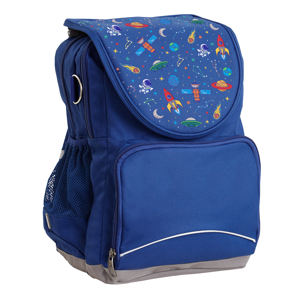 Harlequin Ergo Tuff-Pack backpack in Royal Blue featuring Galaxy Boy design from the Harlequin Creatix signature series. Front side angle, padded shoulder straps, two zipper compartments, front zipper pocket, D ring and mesh water bottle holder with personalised design