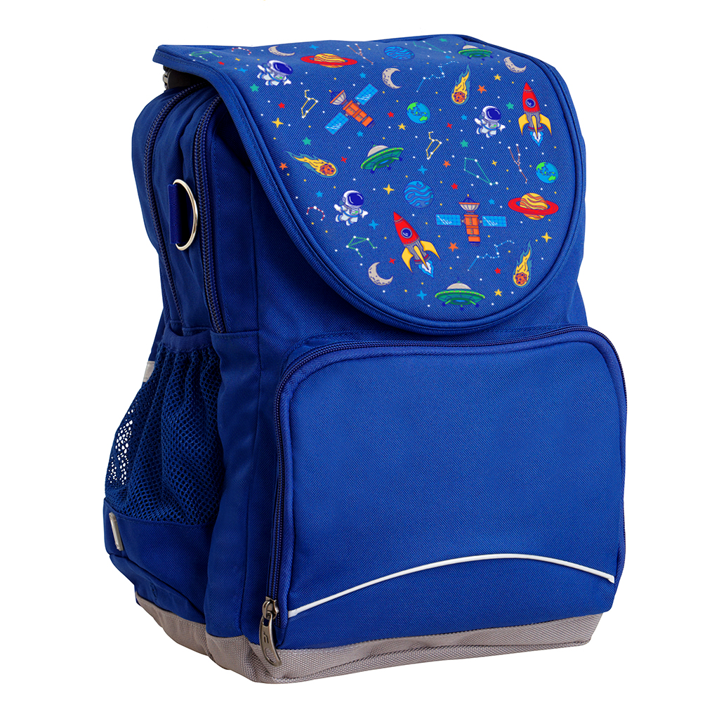Harlequin Ergo Tuff-Pack backpack in Royal Blue with Galaxy Boy design from the Harlequin Creatix Signature Series. Angled front view showcasing the space design.