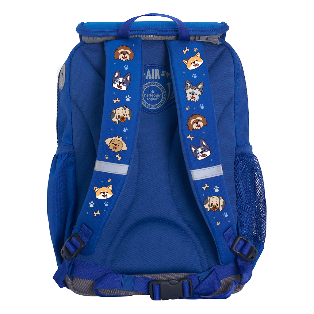 Harlequin Ergo Tuff-Pack backpack in Royal Blue with Puppy Pal design from the Harlequin Creatix signature series. Back view showcasing the Anatomic back panel, padded shoulder straps and waist strap.