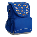 Harlequin Ergo Tuff-Pack backpack in Royal Blue with Puppy Pal design from the Harlequin Creatix signature series. Front side angle, padded shoulder straps, two zipper compartments, front zipper pocket, D-Ring and mesh water bottle.