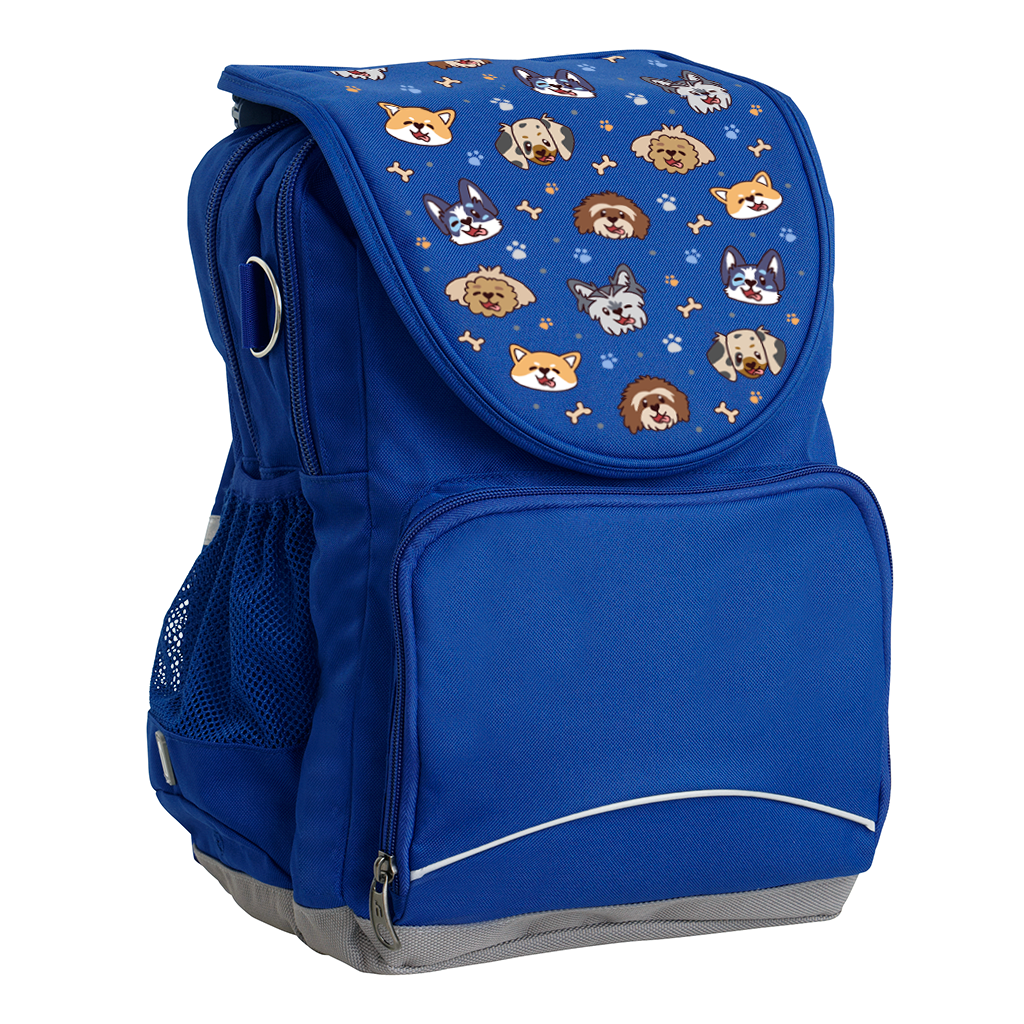 Harlequin Ergo Tuff-Pack backpack in Royal Blue with Puppy Pal design from the Harlequin Creatix signature series. Front side angle, padded shoulder straps, two zipper compartments, front zipper pocket, D-Ring and mesh water bottle.