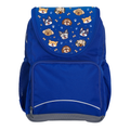 Harlequin Ergo Tuff-Pack backpack in Royal Blue with Puppy Pals design from the Harlequin Creatix signature series. Front view showcasing two zipper compartments, reflective piping, front zipper pocket and front of flap.