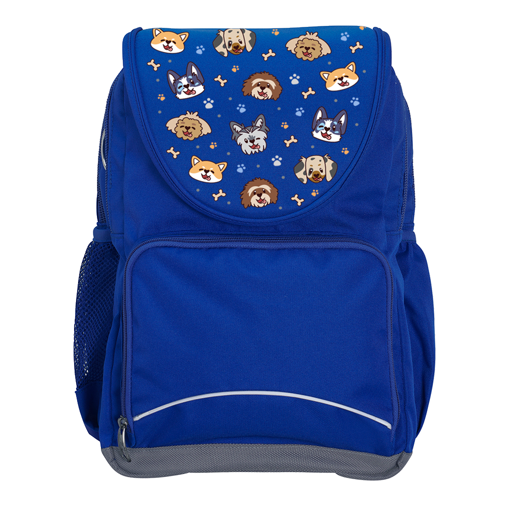 Harlequin Ergo Tuff-Pack backpack in Royal Blue with Puppy Pals design from the Harlequin Creatix signature series. Front view showcasing two zipper compartments, reflective piping, front zipper pocket and front of flap.