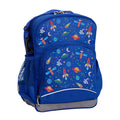 Harlequin Kindy Tuff-Pack Backpack in royal blue with Galaxy Boy design from the Harlequin Creatix Signature Series. Front-side angle showcasing parent strap, padded shoulder straps, top zipper compartment, front zipper pocket, and mesh water bottle holder