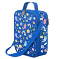 Harlequin Large Lunch bag in Blue with Kittycorn design from the Harlequin Creatix Signature Series. Front angle view displaying top handle, quality zippers and D-Rings with additional shoulder strap.