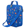 Harlequin Large Lunch bag in Royal Blue with Galaxy Boy design from the Harlequin Creatix Signature Series. Front angle view displaying top handle, quality zippers and D-Rings with additional shoulder strap.