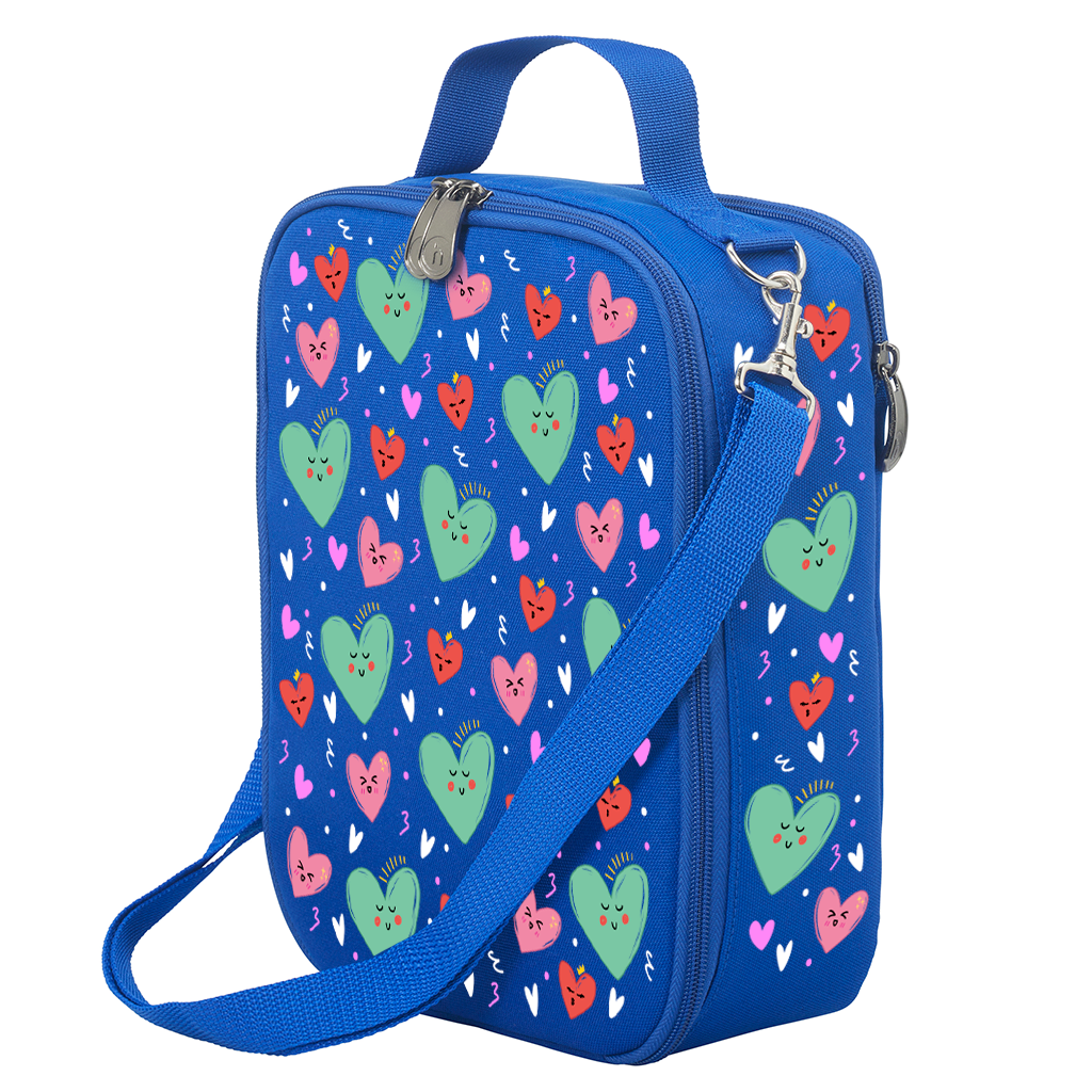 Harlequin Large Lunch bag in Royal Blue with Sweet Hearts design from the Harlequin Creatix Signature Series. Front angle view displaying top handle, quality zippers and D-Rings with additional shoulder strap.