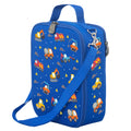Harlequin Large Lunch bag in Royal Blue with Jumbo Trucks design from the Harlequin Creatix Signature Series. Front angle view displaying top handle, quality zippers and D-Rings with additional shoulder strap.