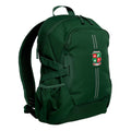 Green Harlequin Quantum Bag front view with two compartments with zip closure, light reflectors on the front pocket and adjustable straps and bottle holder on the sides of the bag and Russell Island State School logo