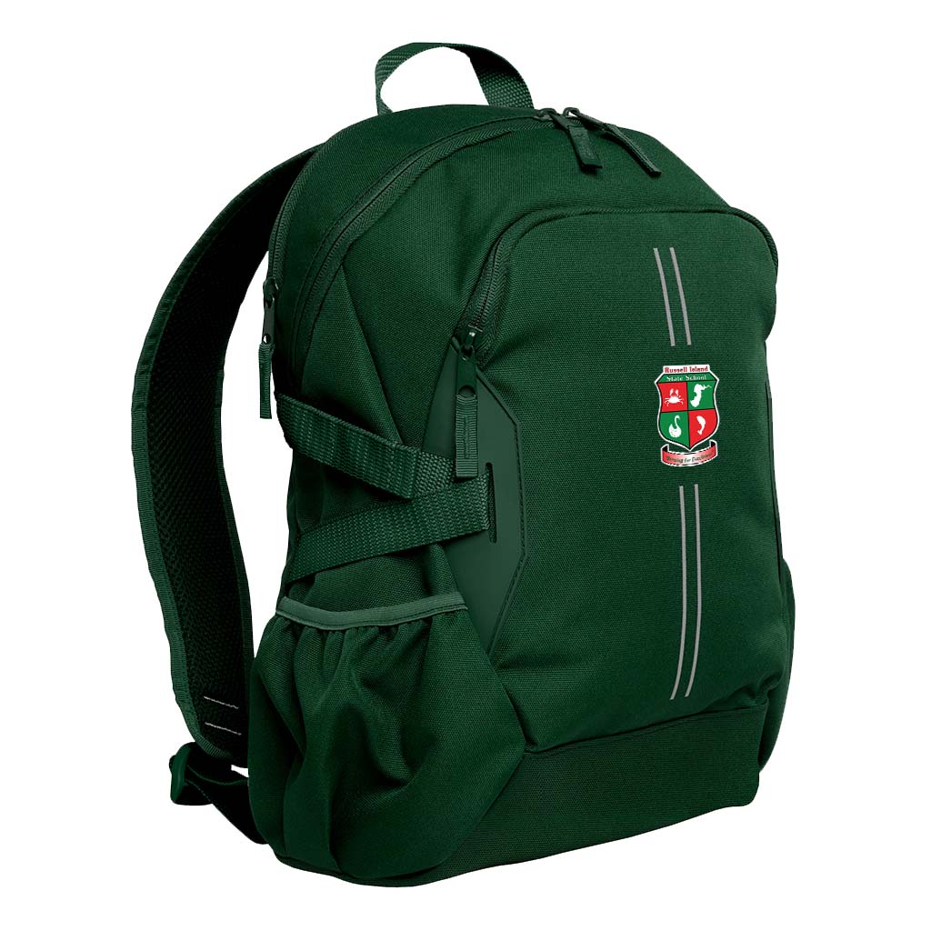 Green Harlequin Quantum Bag front view with two compartments with zip closure, light reflectors on the front pocket and adjustable straps and bottle holder on the sides of the bag and Russell Island State School logo