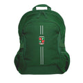 Bottle Green Harlequin Quantum Bag front view with two compartments with zip closure, light reflectors on the front pocket and adjustable straps and bottle holder on the sides of the bag.