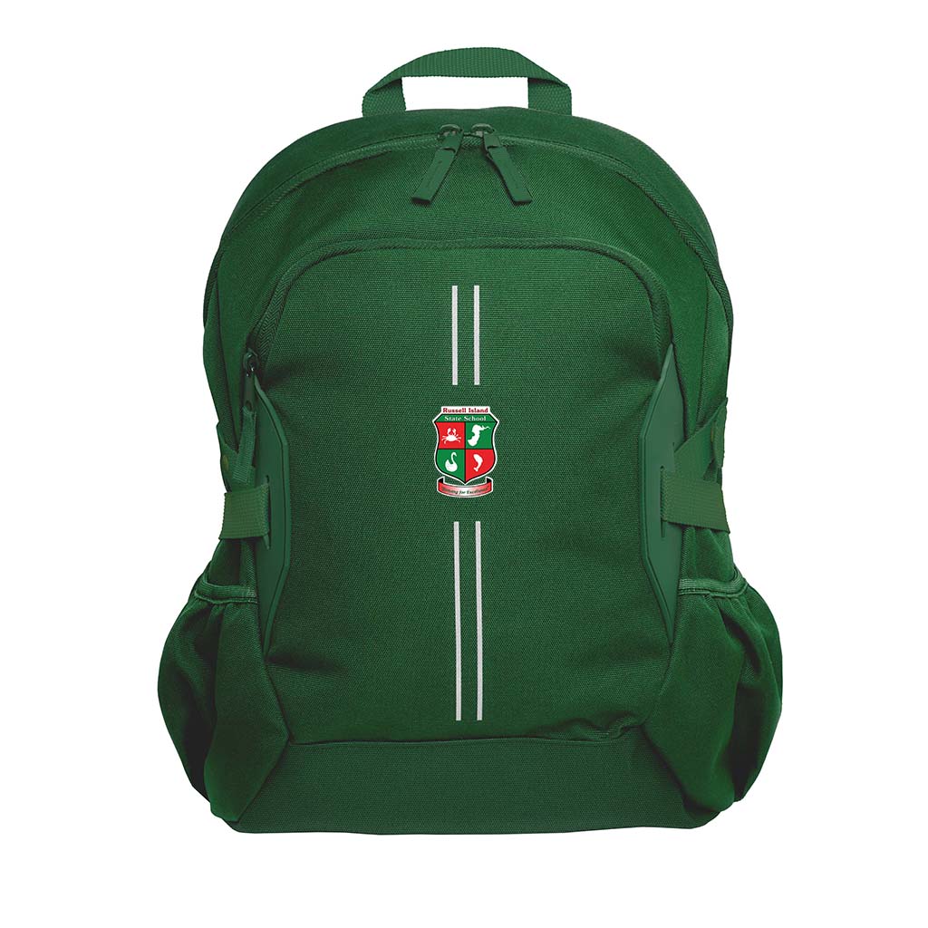 Bottle Green Harlequin Quantum Bag front view with two compartments with zip closure, light reflectors on the front pocket and adjustable straps and bottle holder on the sides of the bag.