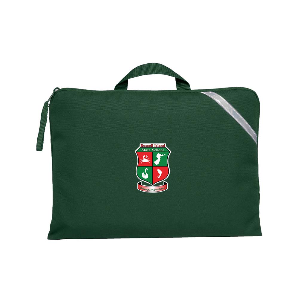  Bottle Green Q Book Bag, with single zip opening, handle and reflective strips and Russell Island State School logo