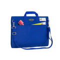 Harlequin Safety Library bag in royal displaying carry handle, open sleeve pocket with pens and paper , shoulder strap, two d-rings to attach shoulder straps, reinforced corners and name card sleeve
