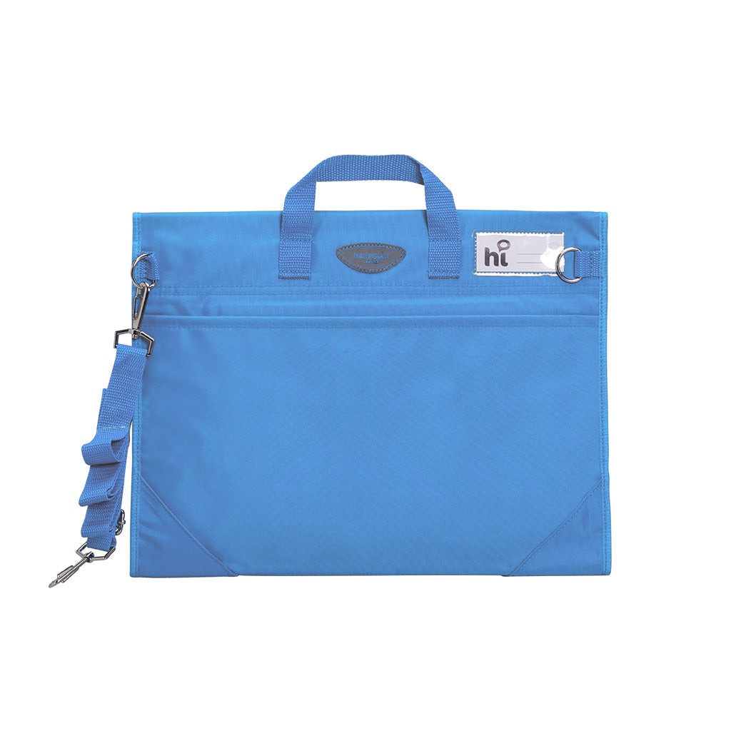 Harlequin Safety Library bag in skyblue displaying carry handle, open sleeve pocket , shoulder strap, two d-rings to attach shoulder straps, reinforced corners and name card sleeve