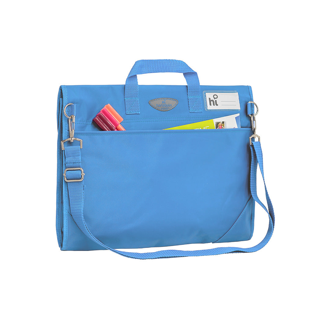 Harlequin Safety Library bag in skyblue displaying carry handle, open sleeve pocket with pens and paper , shoulder strap, two d-rings to attach shoulder straps, reinforced corners and name card sleeve