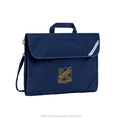 Harlequin Safety Library bag in navy displaying carry handle, velcro opening, shoulder strap, reflector safety strip, reinforced corners and Nashville State School logo