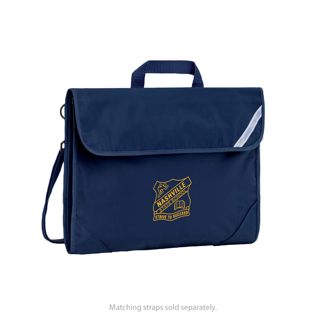Harlequin Safety Library bag in navy displaying carry handle, velcro opening, shoulder strap, reflector safety strip, reinforced corners and Nashville State School logo