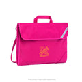 Harlequin Safety Library bag in pink displaying carry handle, velcro opening, shoulder strap, reflector safety strip, reinforced corners and Nashville State School logo