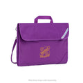 Harlequin Safety Library bag in purple displaying carry handle, velcro opening, shoulder strap, reflector safety strip, reinforced corners and Nashville State School logo