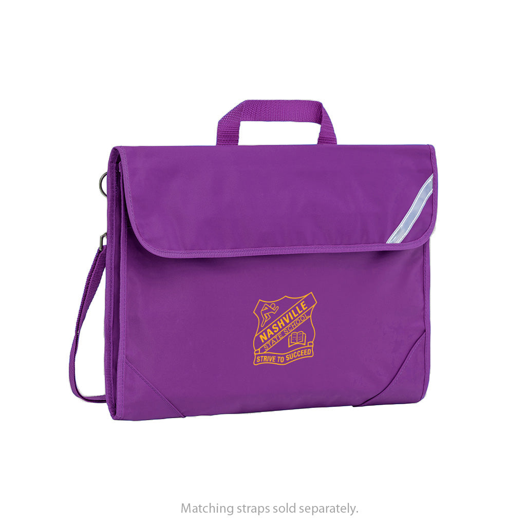Harlequin Safety Library bag in purple displaying carry handle, velcro opening, shoulder strap, reflector safety strip, reinforced corners and Nashville State School logo