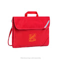 Harlequin Safety Library bag in red displaying carry handle, velcro opening, shoulder strap, reflector safety strip, reinforced corners and Nashville State School logo