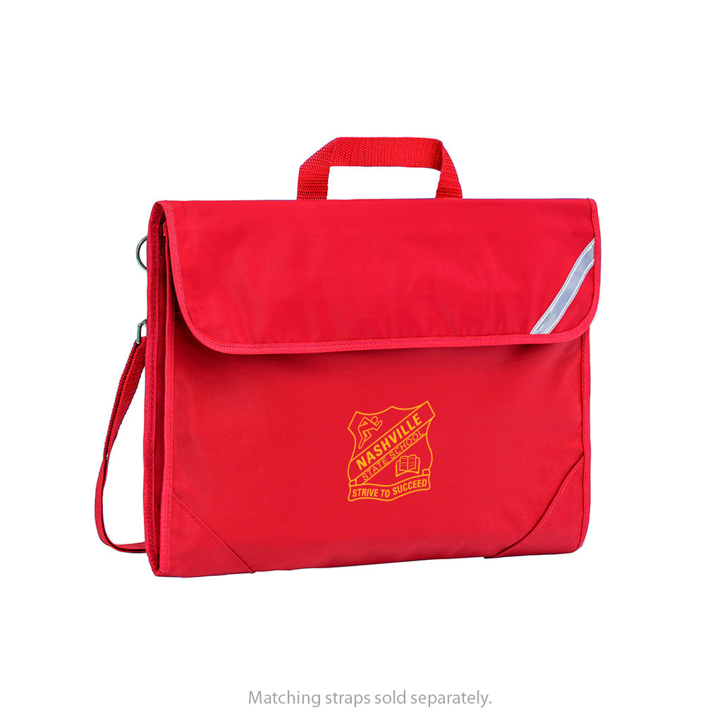Harlequin Safety Library bag in red displaying carry handle, velcro opening, shoulder strap, reflector safety strip, reinforced corners and Nashville State School logo