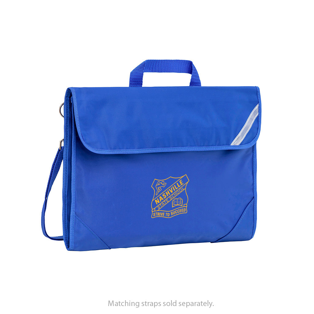 Harlequin Safety Library bag in Royal Blue displaying carry handle, velcro opening, shoulder strap, reflector safety strip, reinforced corners and Nashville State School logo