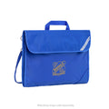 Harlequin Safety Library bag in Royal Blue displaying carry handle, velcro opening, shoulder strap, reflector safety strip, reinforced corners and Nashville State School logo