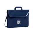 Harlequin Safety Library bag in Navy displaying carry handle, velcro opening, shoulder strap, reflector safety strip, reinforced corners and St Aloysius School Chisholm logo