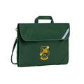 Harlequin Window Safety Library bag in Bottle Green displaying carry handle, velcro opening, shoulder strap, reflector safety strip, reinforced corners and Fern Bay Public School logo