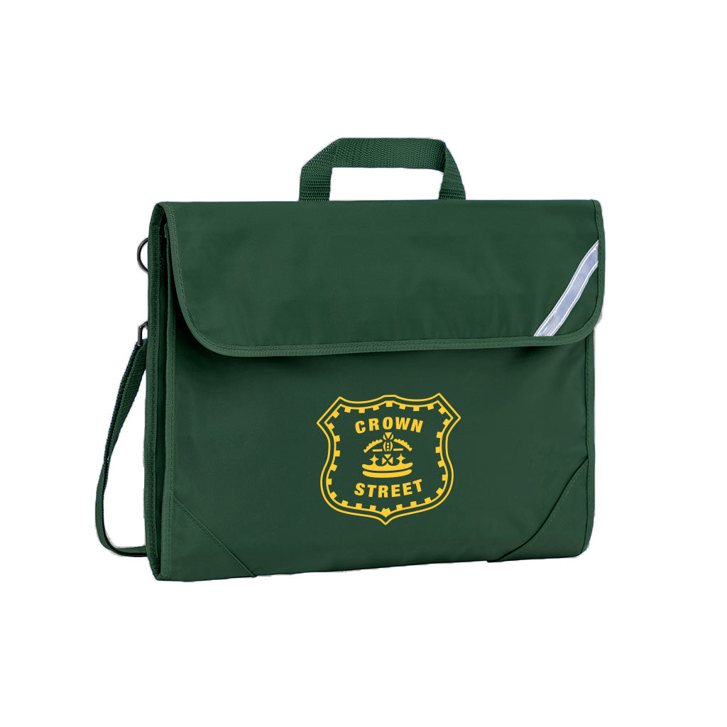 Harlequin Safety Library bag in Bottle Green displaying carry handle, velcro opening, shoulder strap, reflector safety strip, reinforced corners and Crown Street Public School logo