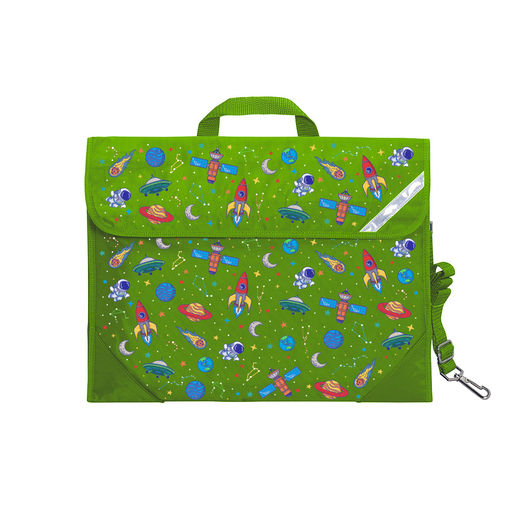 Harlequin Safety Library bag in Green with Galaxy Boy design from the Harlequin Creatix Signature Series. Front angle view displaying carry handle, easy open velcro strap, reflector safety strip, reinforced corners and shoulder strap.