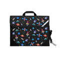 Harlequin Safety Library bag in Black with Galaxy Boy design from the Harlequin Creatix Signature Series. Front angle view displaying carry handle, easy open velcro strap, reflector safety strip, reinforced corners and shoulder strap.