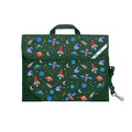 Harlequin Safety Library bag in Green with Galaxy Boy design from the Harlequin Creatix Signature Series. Front angle view displaying carry handle, easy open velcro strap, reflector safety strip, reinforced corners and shoulder strap.