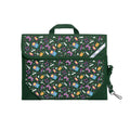 Harlequin Safety Library bag in Green with Pixel Chick design from the Harlequin Creatix Signature Series. Front angle view displaying carry handle, easy open velcro strap, reflector safety strip, reinforced corners and shoulder strap.