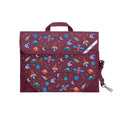 Harlequin Safety Library bag in Maroon with Galaxy Boy design from the Harlequin Creatix Signature Series. Front angle view displaying carry handle, easy open velcro strap, reflector safety strip, reinforced corners and shoulder strap.