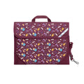 Harlequin Safety Library bag in Maroon with Pixel Chick design from the Harlequin Creatix Signature Series. Front angle view displaying carry handle, easy open velcro strap, reflector safety strip, reinforced corners and shoulder strap.