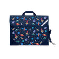 Harlequin Safety Library bag in Navy with Galaxy Boy design from the Harlequin Creatix Signature Series. Front angle view displaying carry handle, easy open velcro strap, reflector safety strip, reinforced corners and shoulder strap.