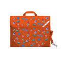 Harlequin Safety Library bag in Orange with Galaxy Boy design from the Harlequin Creatix Signature Series. Front angle view displaying carry handle, easy open velcro strap, reflector safety strip, reinforced corners and shoulder strap.