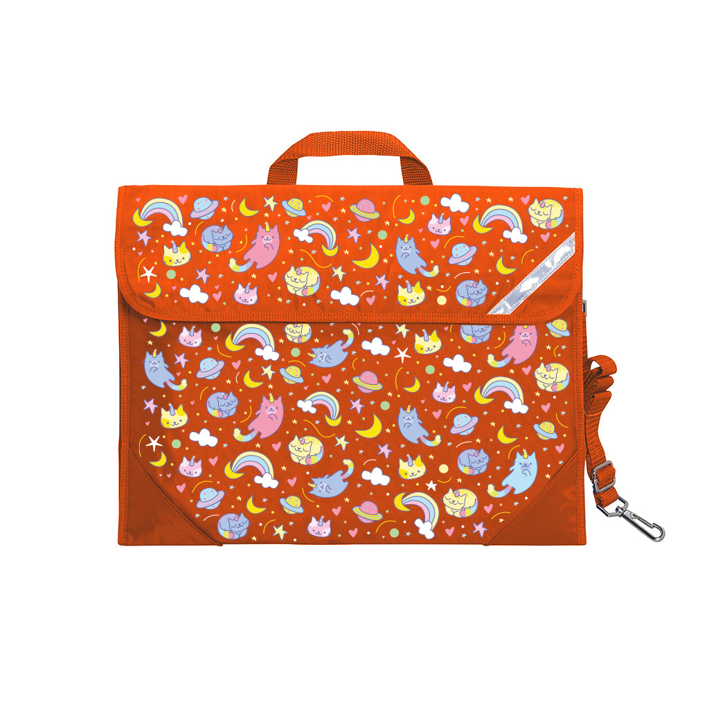 Harlequin Safety Library bag in Orange displaying carry handle, velcro opening, shoulder strap, reflector safety strip and reinforced corners