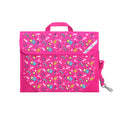 Harlequin Safety Library bag in Pink with Pixel Chick design from the Harlequin Creatix Signature Series. Front angle view displaying carry handle, easy open velcro strap, reflector safety strip, reinforced corners and shoulder strap.