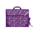 Harlequin Safety Library bag in Purple with Pixel Chick design from the Harlequin Creatix Signature Series. Front angle view displaying carry handle, easy open velcro strap, reflector safety strip, reinforced corners and shoulder strap.