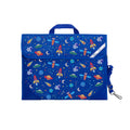 Harlequin Safety Library bag in Royal Blue with Galaxy Boy design from the Harlequin Creatix Signature Series. Front angle view displaying carry handle, easy open velcro strap, reflector safety strip, reinforced corners and shoulder strap.